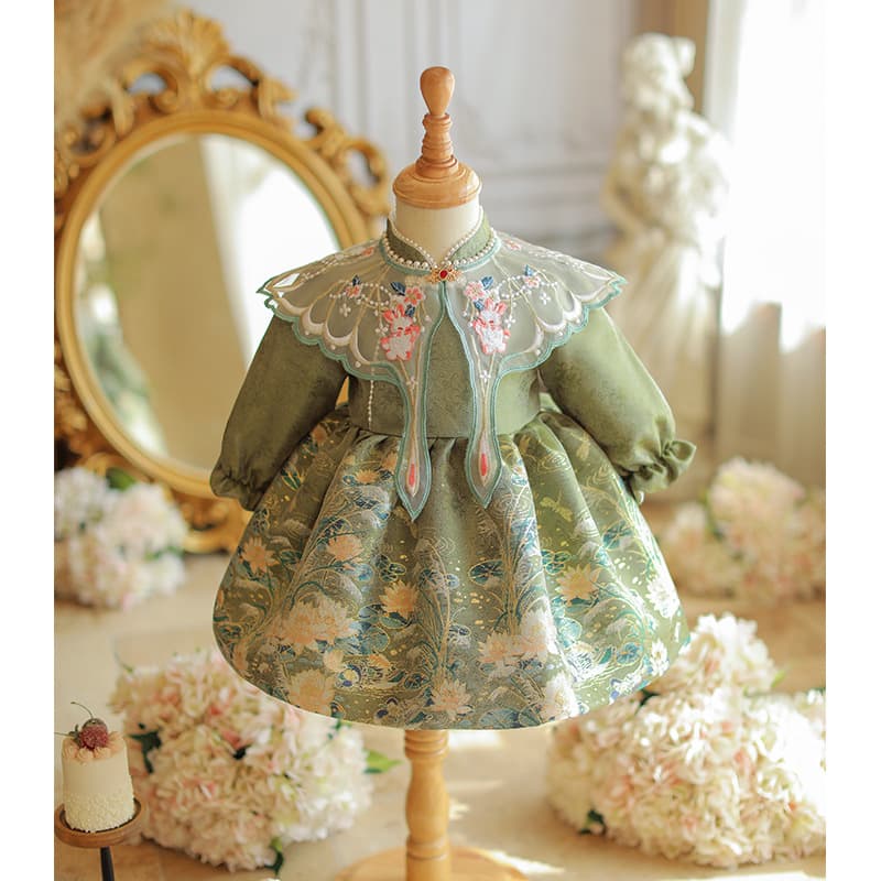 One-year-old baby girl dress spring and autumn festive children's princess dress hundred days baby birthday party Tang suit crown dress