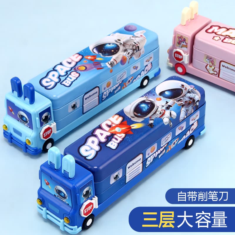 Three-story train tinplate stationery box locomotive car bus rabbit children boys and girls pencil box