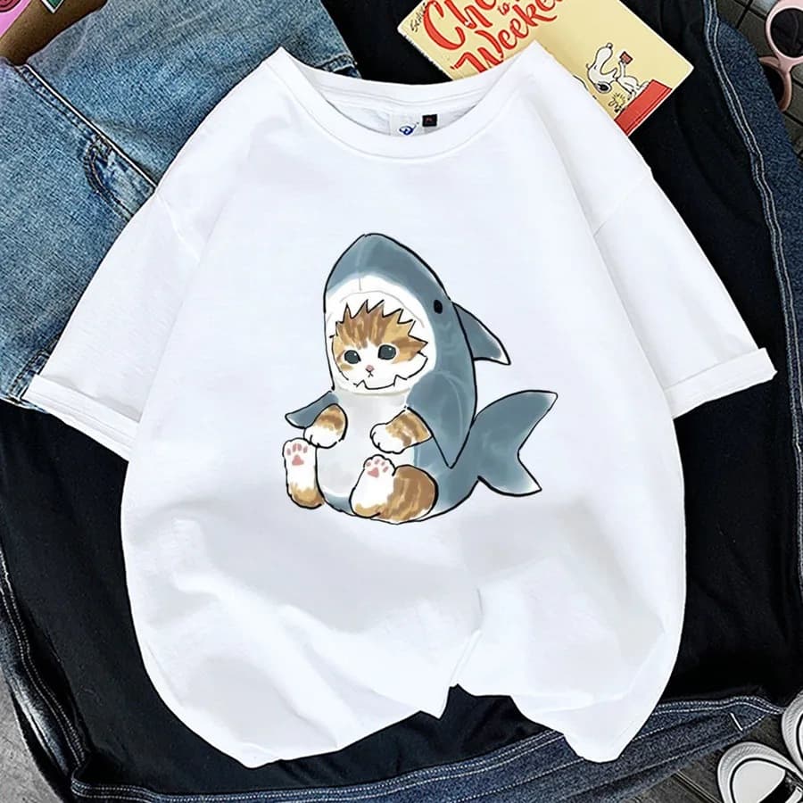 Tops Woman 2024 t Shirt Kawaii Cat Shark Print T-Shirt Summe
