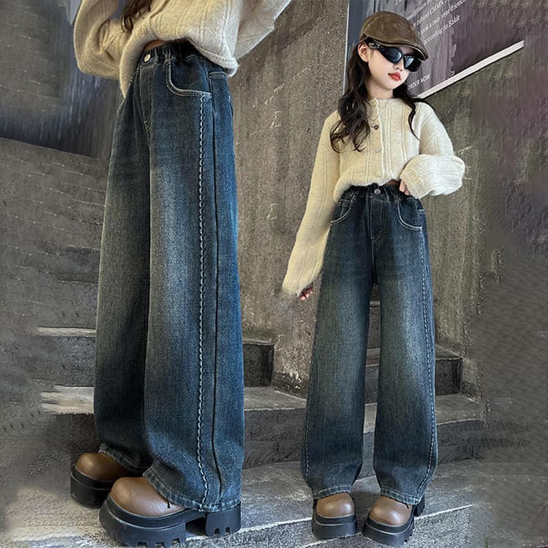 Girls' Pants Spring Autumn 2025 New Style Water Washed Denim Jeans Loose Straight Wide Leg Pants for Big Kids