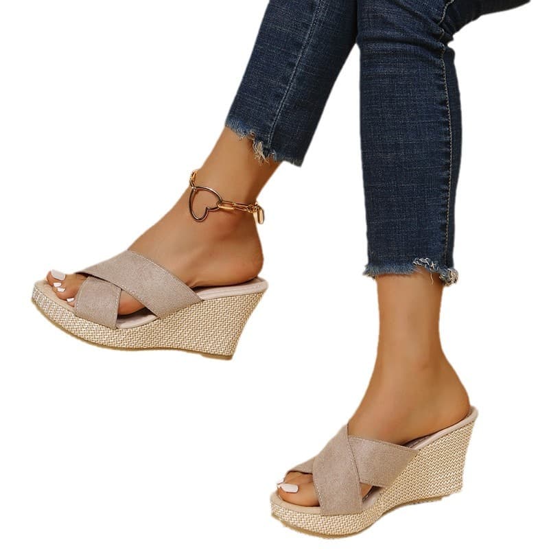 Amazon Summer New Cross Border Plus Size Women Wedge Rope Thick Heel Platform Sandals Slippers 43