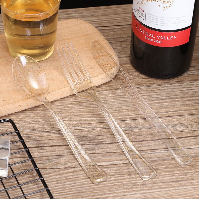 Heteng Disposable Knife Fork Spoon PS Hard Tableware Thickened Flash Gold Knife Fork Spoon Gold Silver Powder Knife Fork Spoon