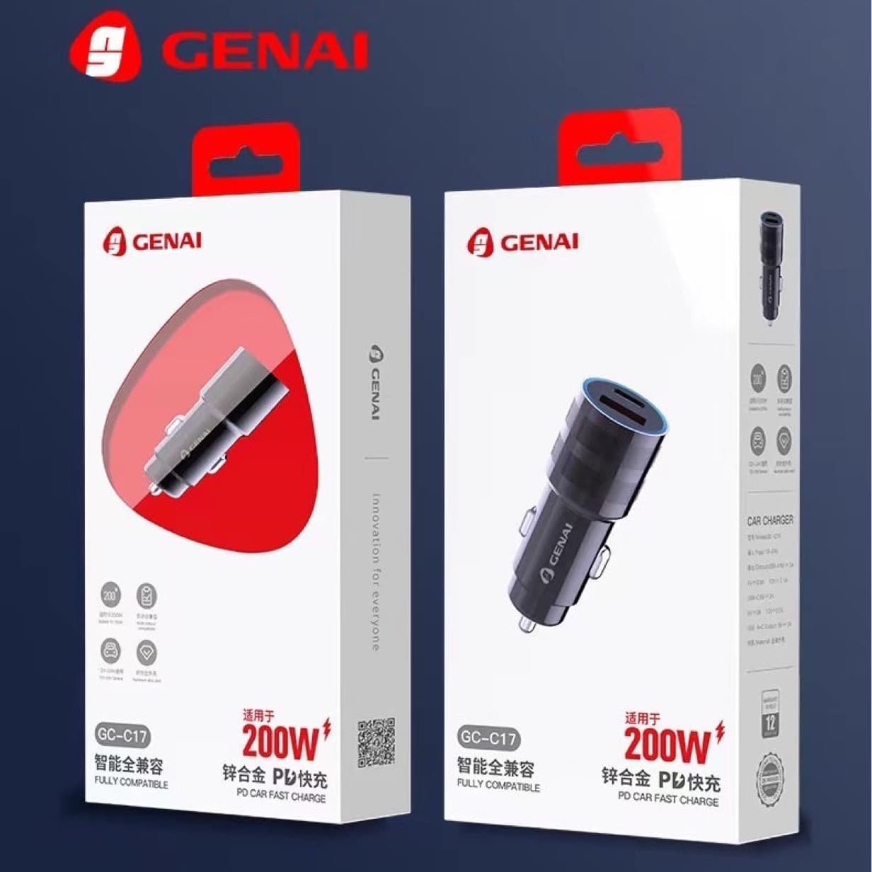 Universal Fast Charge" GeNai C17 Zinc Alloy Car Charger 200W+30W Universal Compatibility for vivo Huawei