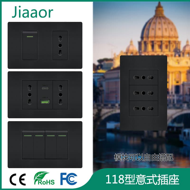 Black Italian Style Dual USB Type-C Wall Socket Power Switch Concealed Panel Jiaaor Italy Standard Electrical Outlet