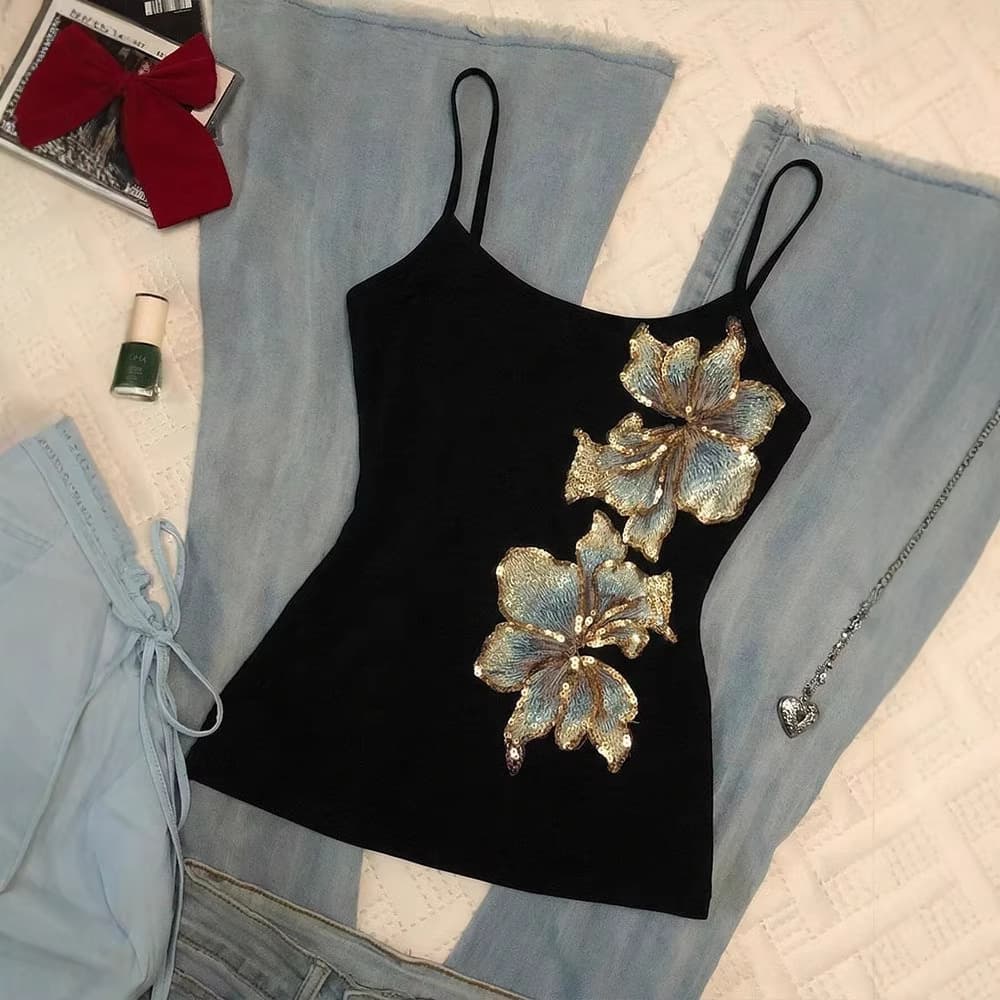 【210g 40s Combed Cotton 1x1】American Vintage Unique Print Camisole Top for Women Spring Summer New