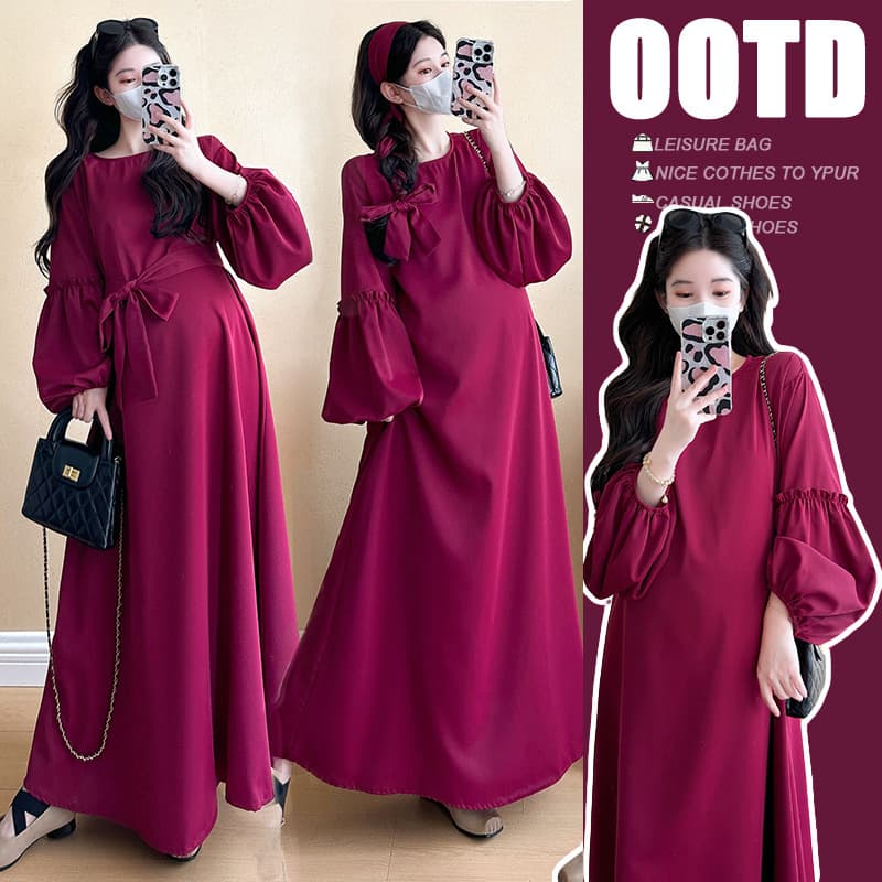 In Stock Real Photo Maternity Autumn New Dress, Elegant Round Neck Simple Long Style Slimming Concealing Belly Tie Waist