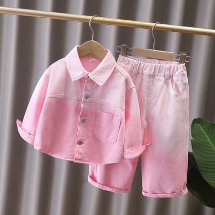 Girls' Pink Gradient Denim Jacket 2026 New Style Jeans Suit Big Children's Autumn Clothes Children's Spring and Autumn