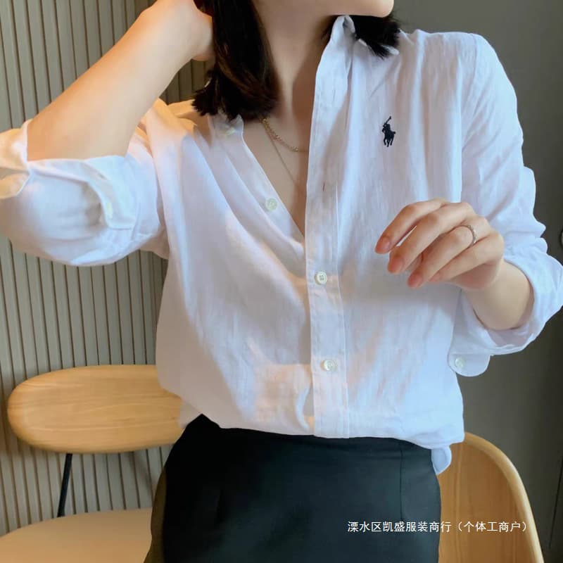 European style Ralph Lauren pony logo linen-cotton white shirt for women, long sleeve loose fit blouse, professional wear, commuting top, trendy outfit