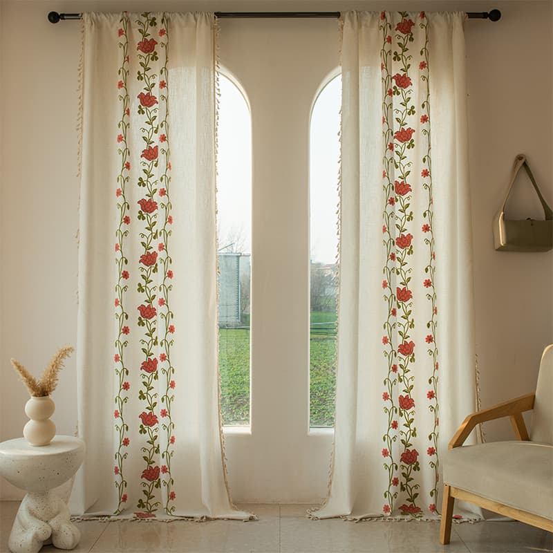 French Style Embroidery Linen Curtain Cream Color Tassel Blackout Curtain Living Room Bedroom Vintage Ready-Made Curtain
