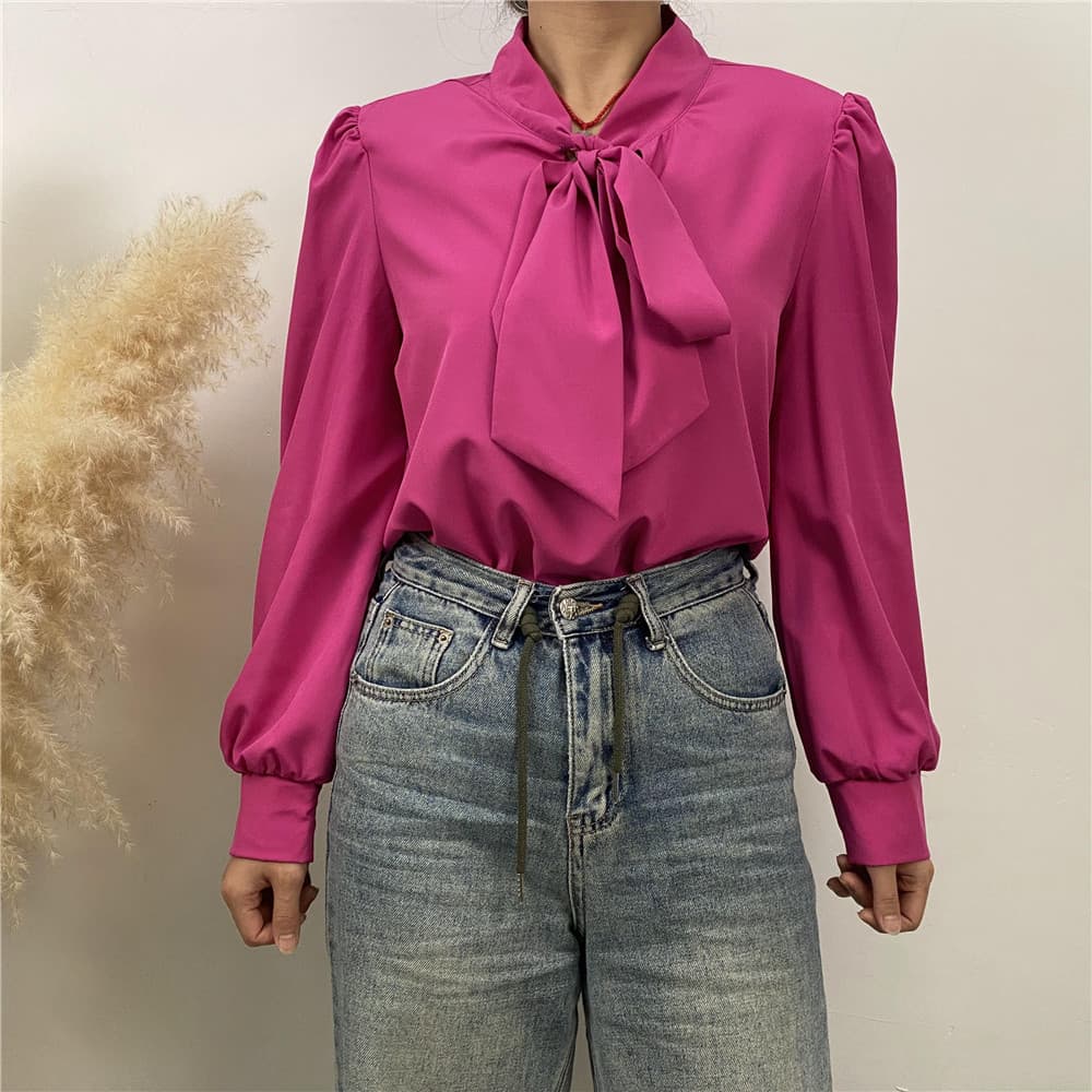 2026 new long-sleeved satin solid color women's shirt lace-up elegant commuting top 2341