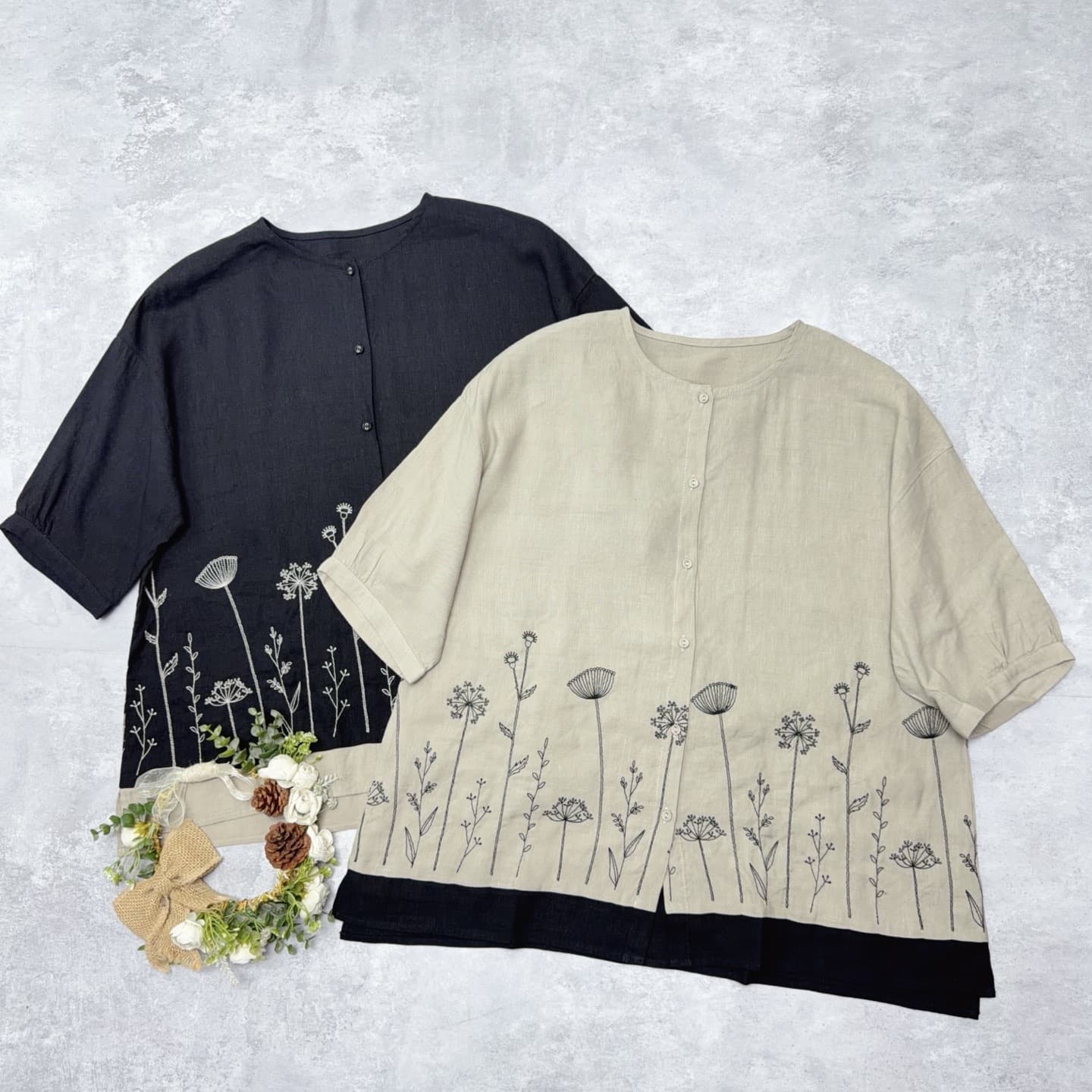 Limited batch Linen embroidered color-block short-sleeve shirt