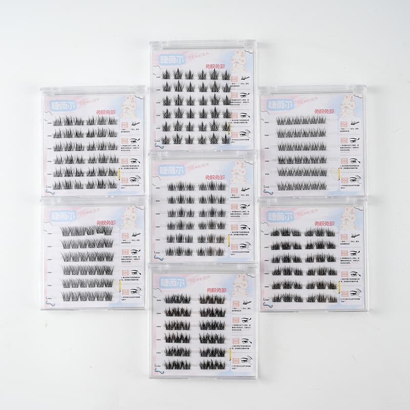 Six-Row No-Stem Self-Adhesive False Lashes Family Pack, No-Removal Self-Adhesive False Lashes, Stemless Single Cluster Natural Pure Lashes