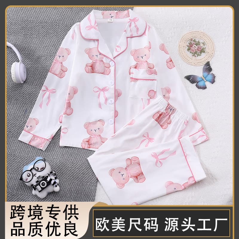 [European and American cross-border] Long-sleeved long pants girls home clothes foreign trade exclusive cartoon doll bear children's pajamas set