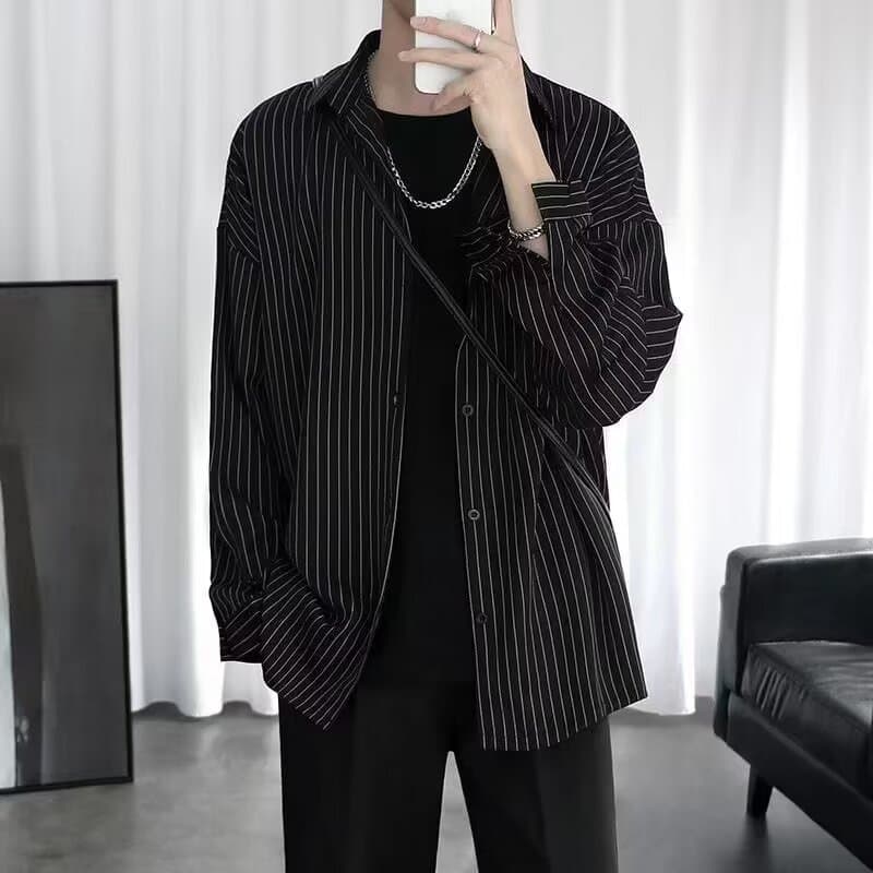 2024 Spring/Autumn Hong Kong Style Retro Striped Shirt for Men, Long Sleeve, Plus Size, Loose Fit, Casual Shirt for Teens, Jacket