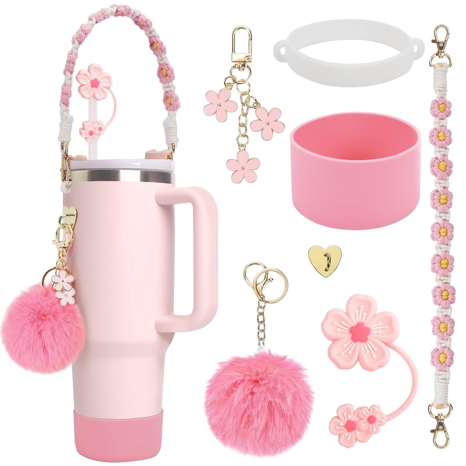 New Stanley Cup Compatible Handle Strap, Begonia Flower Straw Cap, Silicone Insulated Cup Sleeve, Pom Pom Charm