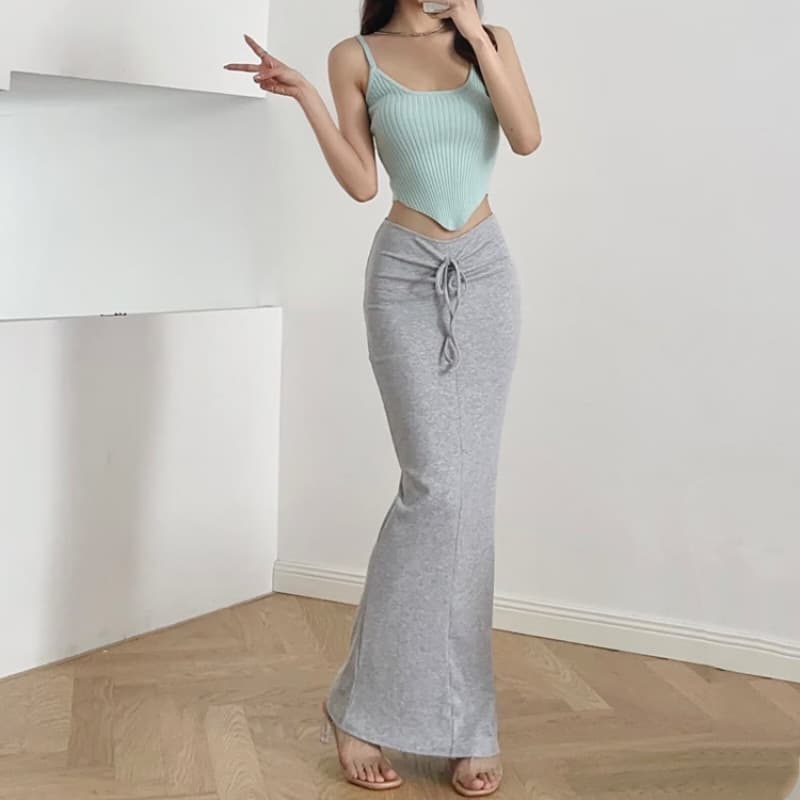 Women's European and American Style Solid Color Drawstring Pleated Skirt, Summer Sexy Low-Waist Bodycon Long Skirt, Slim Fit Base Layer Pencil Skirt