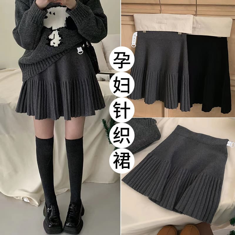 Adjustable Korean Maternity Dress Fall Winter Knit Skirt Casual Slimming Pleated A-Line Short Skirt Simple Fashion