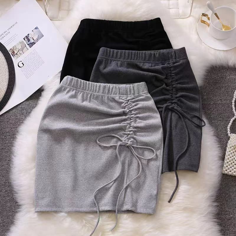 Solid Color Casual Drawstring High-Waist Slim Bodycon Skirt with Pleated Details, Summer Korean Style