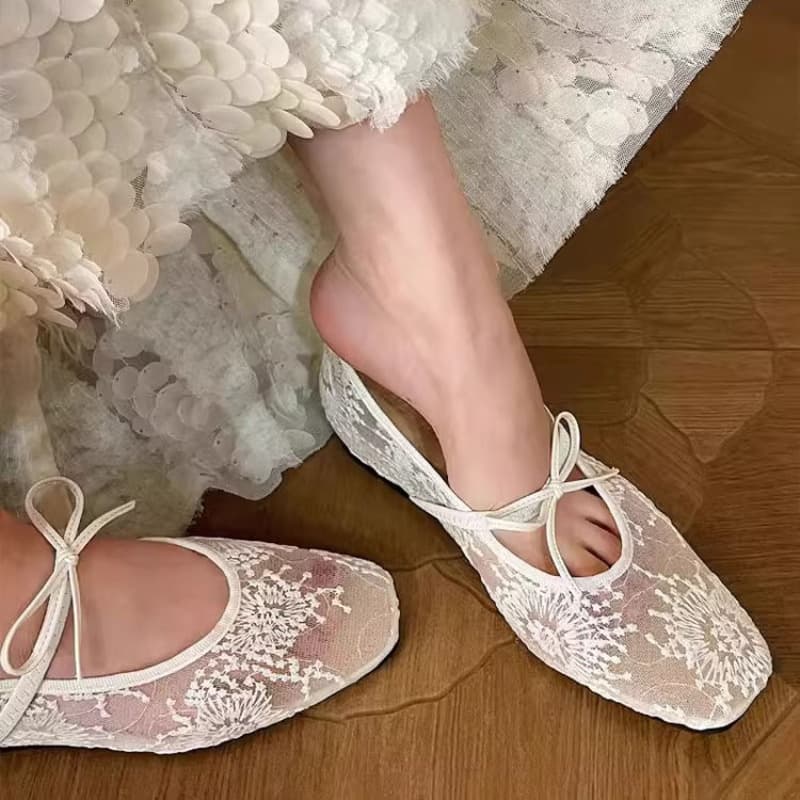 Mesh bow fairy style flat shoes for women 2026 new spring and summer mesh breathable shallow mouth with skirt