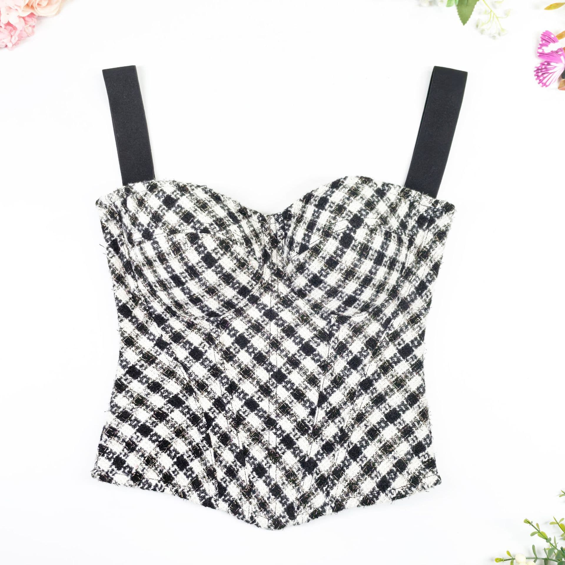 French Design Niche Wide Strap Bustier Back Beauty Zipper Strappy Houndstooth Shapewear Underwire Top Outerwear