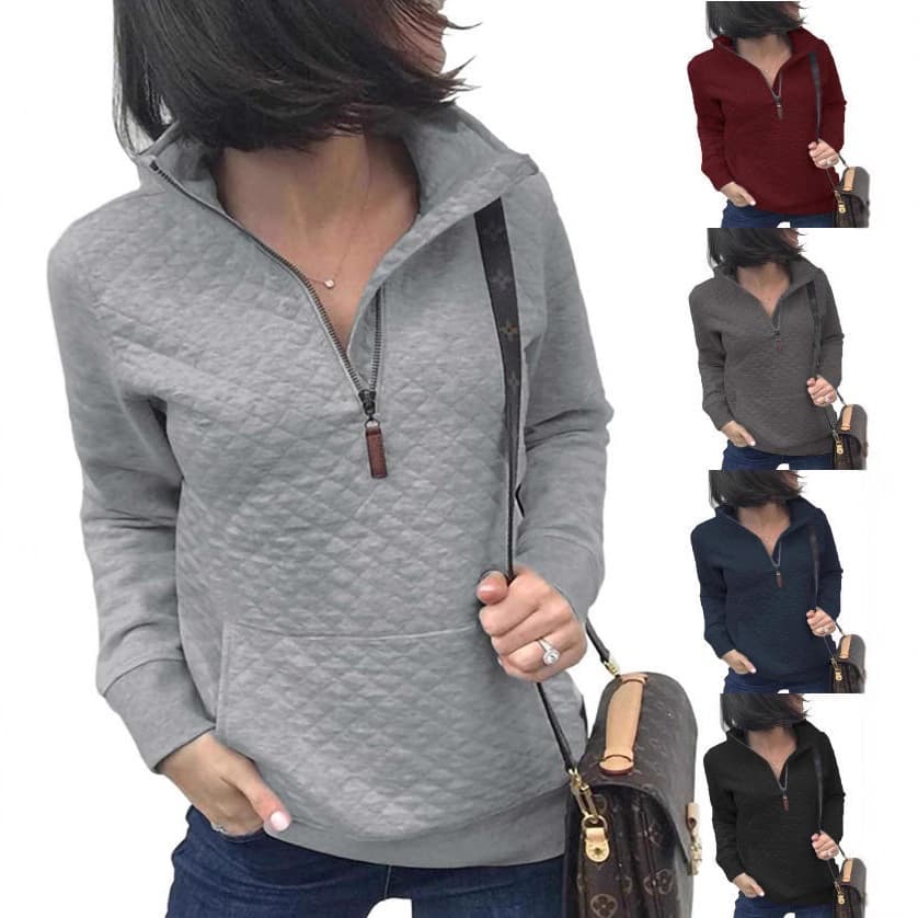 2026 Cross-Border Spring Fall European and American Zipper Pullover Quilted Sweatshirt Knitted Long Sleeve Mock Neck Pullover with Pockets Pol