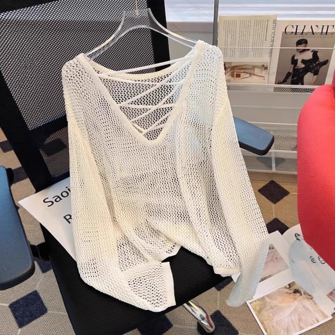 Black and White Stripesd Ice Silk Knitwear Women's Summer Mesh Shirt Long-Sleeved Loose Lazy Style Sun Protection Blouse Spring Cut Out Top