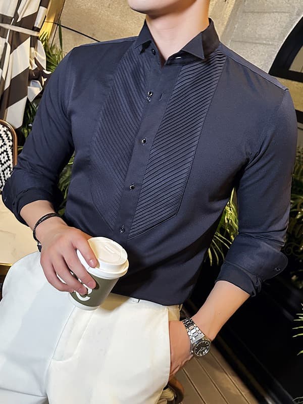 Trendy Men's Banquet Gentleman Dress Shirt French Wing Collar Long Sleeve Business Accordion Pleat Shirt
