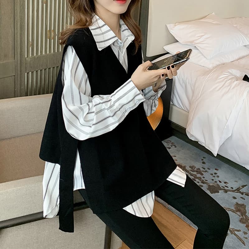 Polo Collar Striped Shirt + Black Knit Vest Two-Piece Set Women's 2025 Spring New Korean Fashion Top