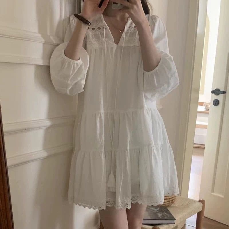 Summer new plus size women's white hollow dress ethnic style new Chinese style slimming short skirt