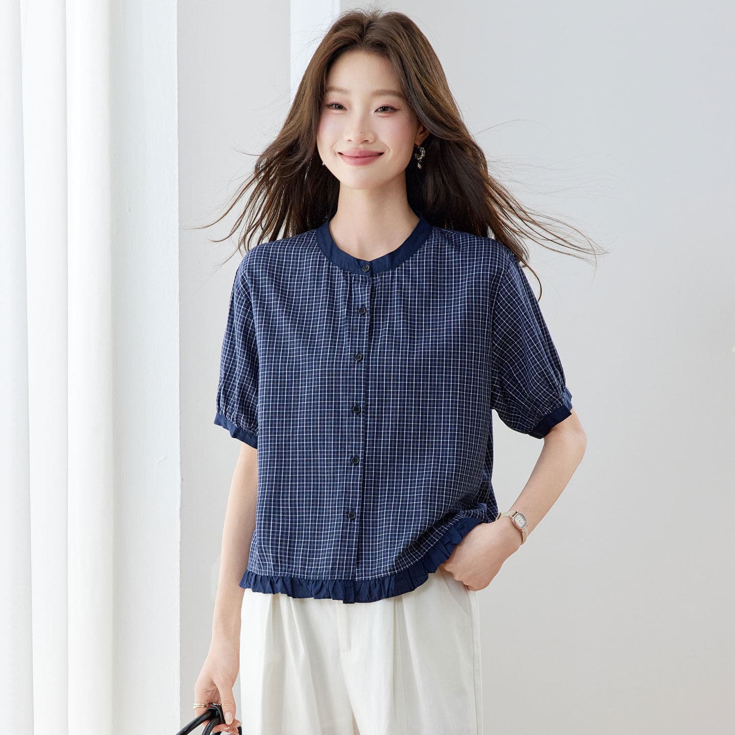 Chanel-Style Blue Plaid Short-Sleeve Shirt for Women, Summer 2026 New French-Style Blouse, Stylish and Youthful Top