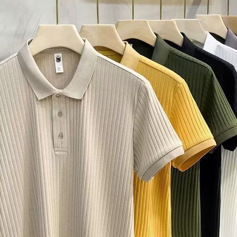 American retro contrast striped knitted polo shirt for men with hollow niche loose short-sleeved lapel versatile niche T-shirt