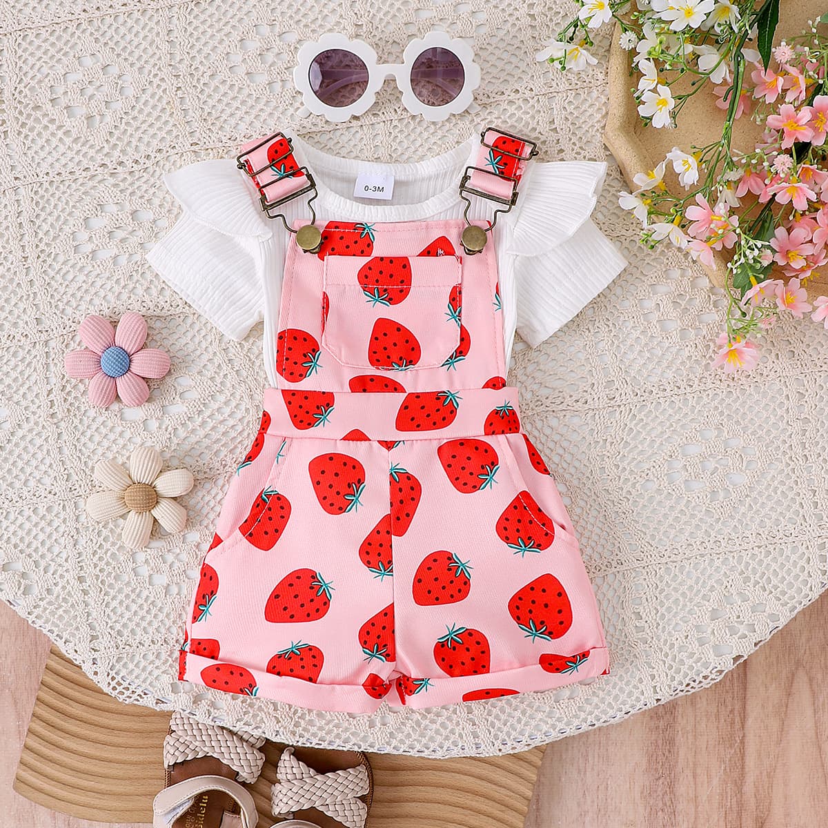 Baby Girls Clothes 0-3Y Summer Short Sleeve Flutter Sleeve Bodysuit + Strawberry Suspenders Pants In Stock