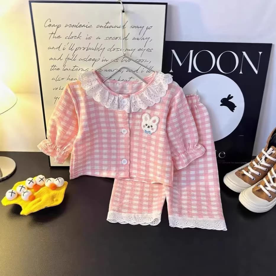 Girls' Cloud Cotton Loungewear Set, Cute Fresh Lace Collar and Lace Hem, Summer Kids' Pajamas Two-Piece Set