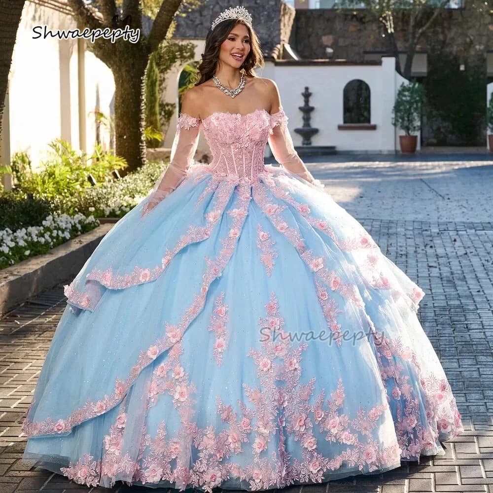 Tubeless evening dress with small tail, three-dimensional flower back, large bow, tutu skirt, sky blue dress with large skirt