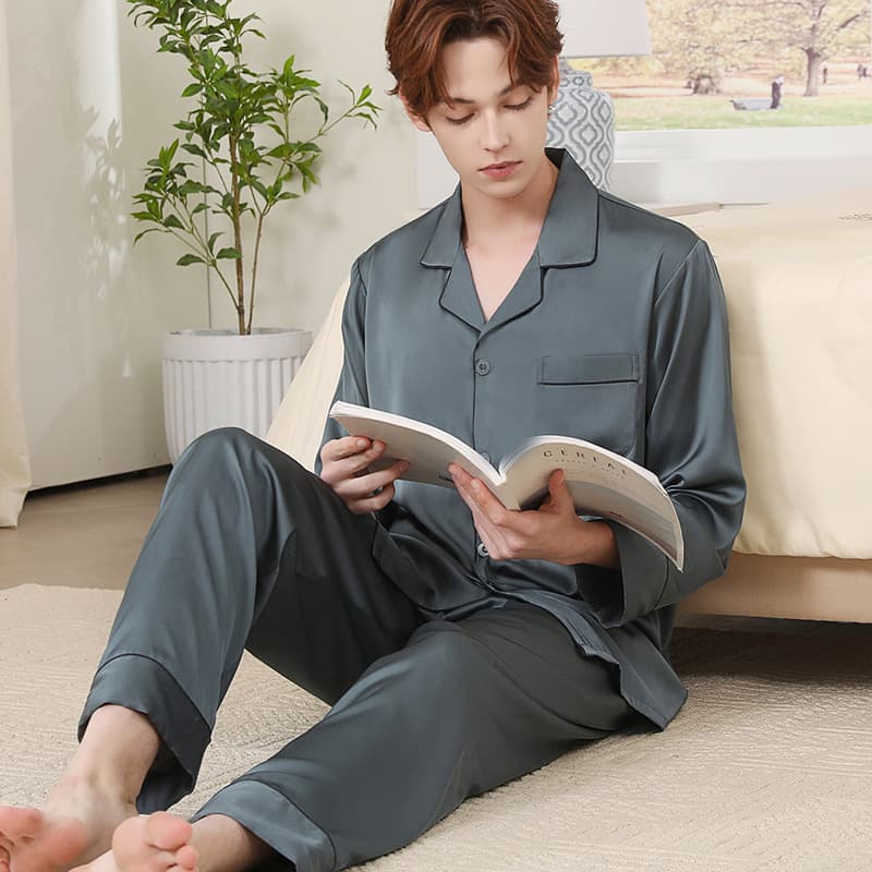 2025 Spring/Summer Men's Silk Long Sleeve Pajama Set Thin Silk Homewear Cardigan Factory Wholesale