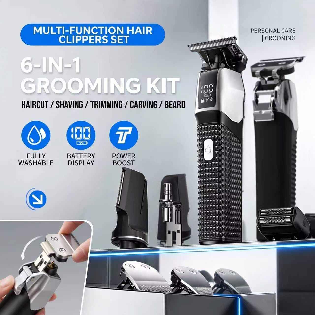 Hair Clipper Set Home Bald Trimmer Kit Black IPX7 7500 RPM