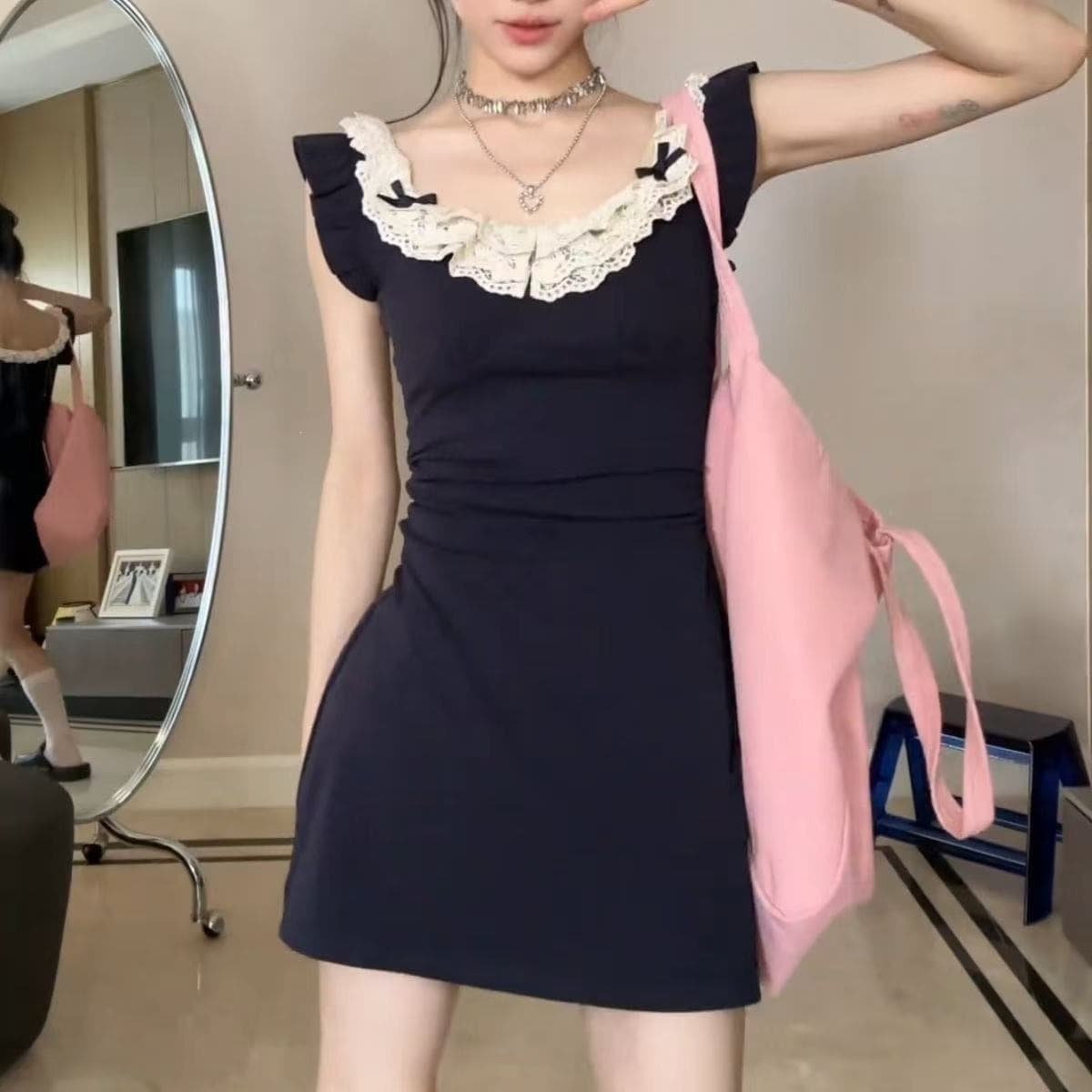 Korean Lace Trim Dress Design Flutter Sleeve A-Line Dress Women Summer Elegant Pure Sexy Fitted Waist Mini Dress