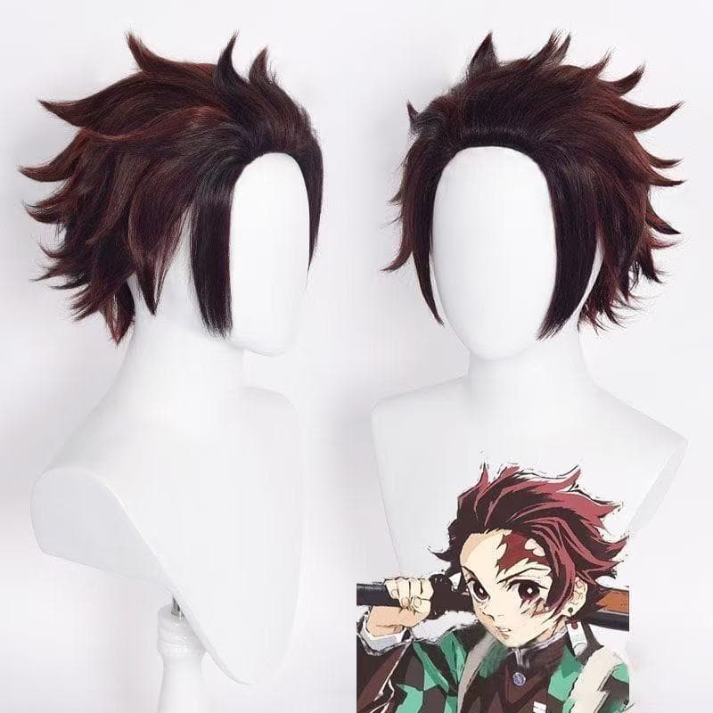 Siyi Demon Slayer: Kimetsu no Yaiba, Tanjiro anime cos wig, back and reverse cosplay fake bangs