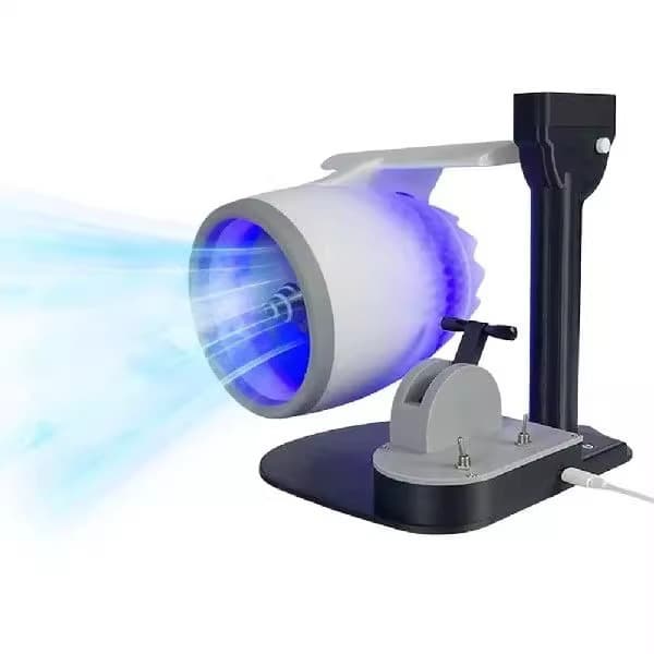 New desktop turbofan airplane engine creative fan with humidifying spray and lights, technological desktop turbine fan.