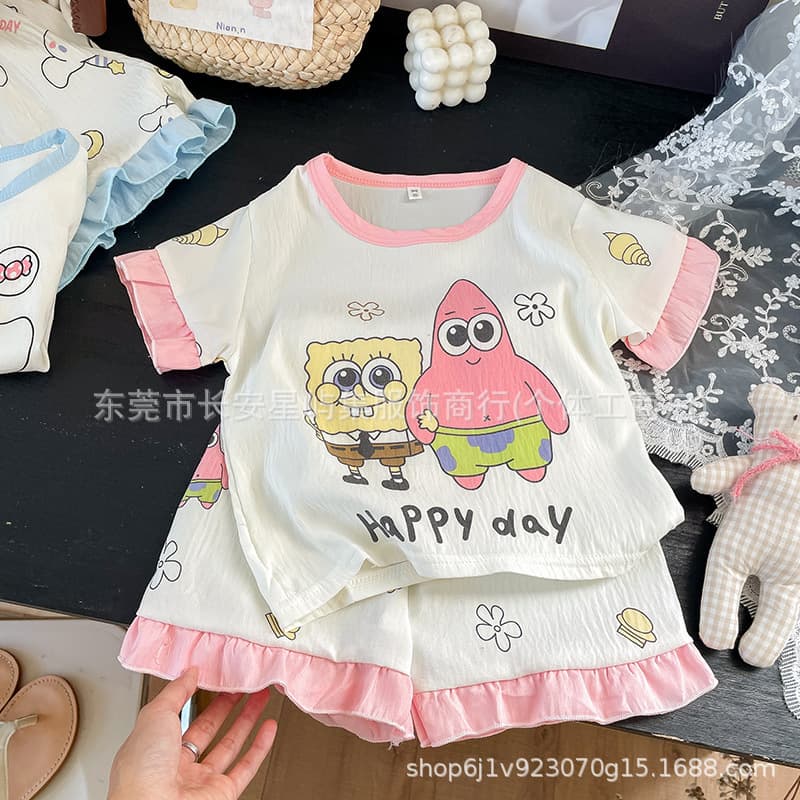 Children's Summer Pajamas, Cloud Cotton Short-Sleeve Shorts, Cartoon Stylish Loungewear, Casual Loose Set for Older Kids
