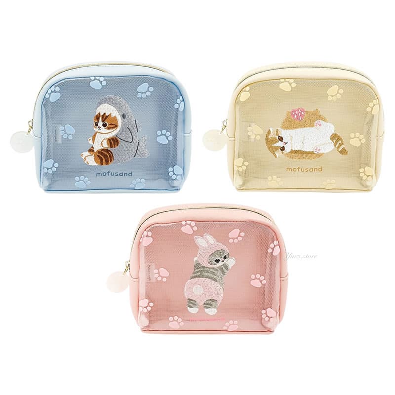 In-Stock Japanese-Style Shark Cat Cute Embroidered Square Mesh Makeup Bag Cute Footprint Skincare Toiletry Storage Bag