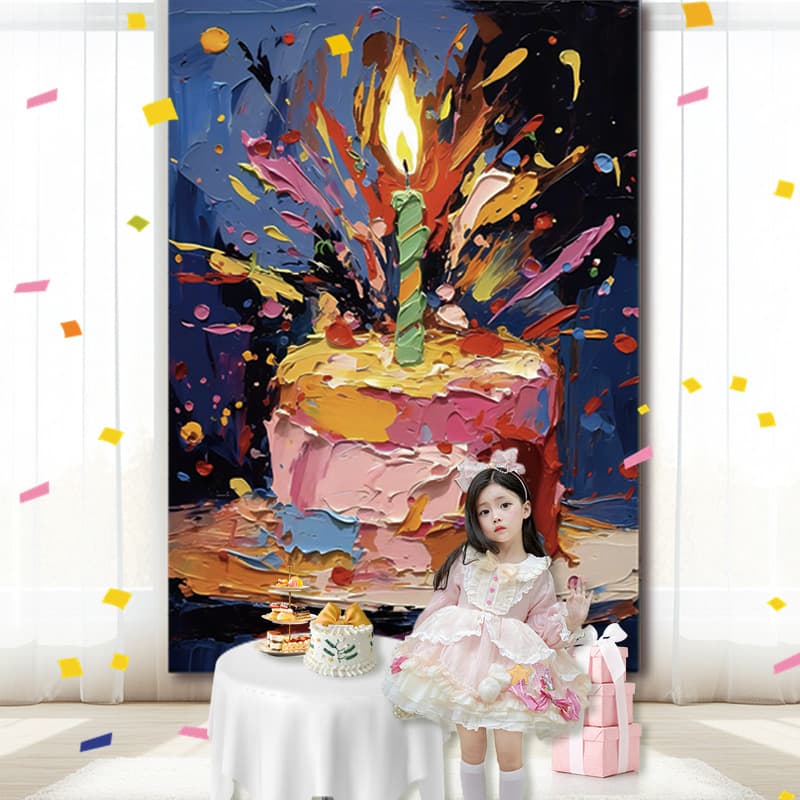 Xiaohongshu Oil Painting Birthday Cake Backdrop Cloth Hanging Fabric for Boys and Girls Birthday Party Background Decoration Scene Setup