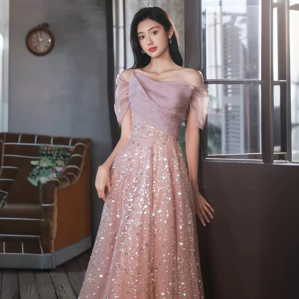 Sequin Evening Gown 2026 Spring New Arrival Socialite Engagement Pink Elegant Dress for Women Bridesmaid Host Art Exam Formal Dress