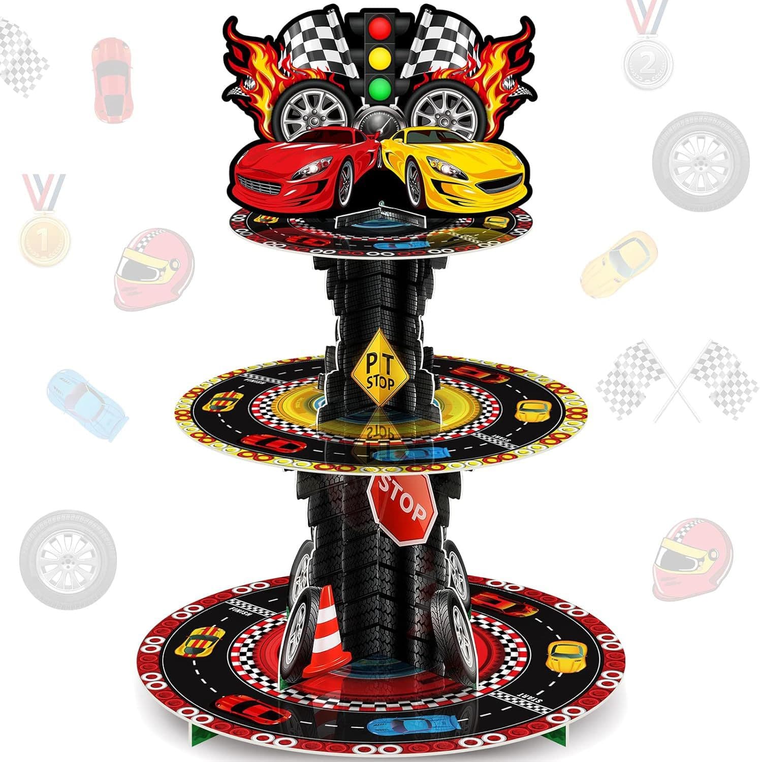 Classic Racing Checkered Flag Theme Multi-Layer Cake Stand, Sturdy and Not Easily Deformed, Easy to Store, Party Dessert Display Stand