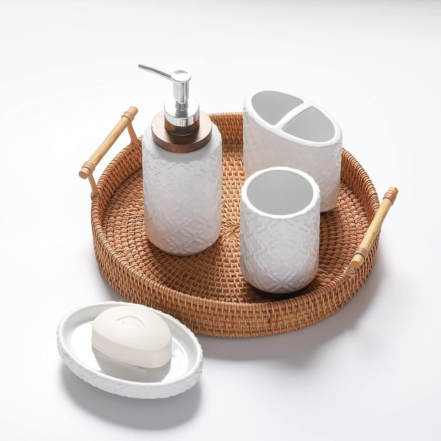 Simple Ceramic and Wooden Bathroom Accessories Four-Piece Set Including Toothbrush Holder, Soap Dispenser, Bathroom Washroom Decoration Set, Green