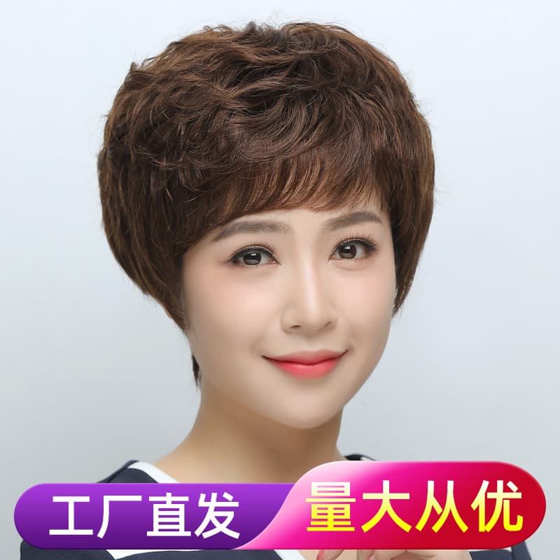 Real Human Hair Wig Short Hair Full Head Cover for Women Middle-Aged and Elderly Women Curly Hair Mother's Full Top Hair Cover Wholesale