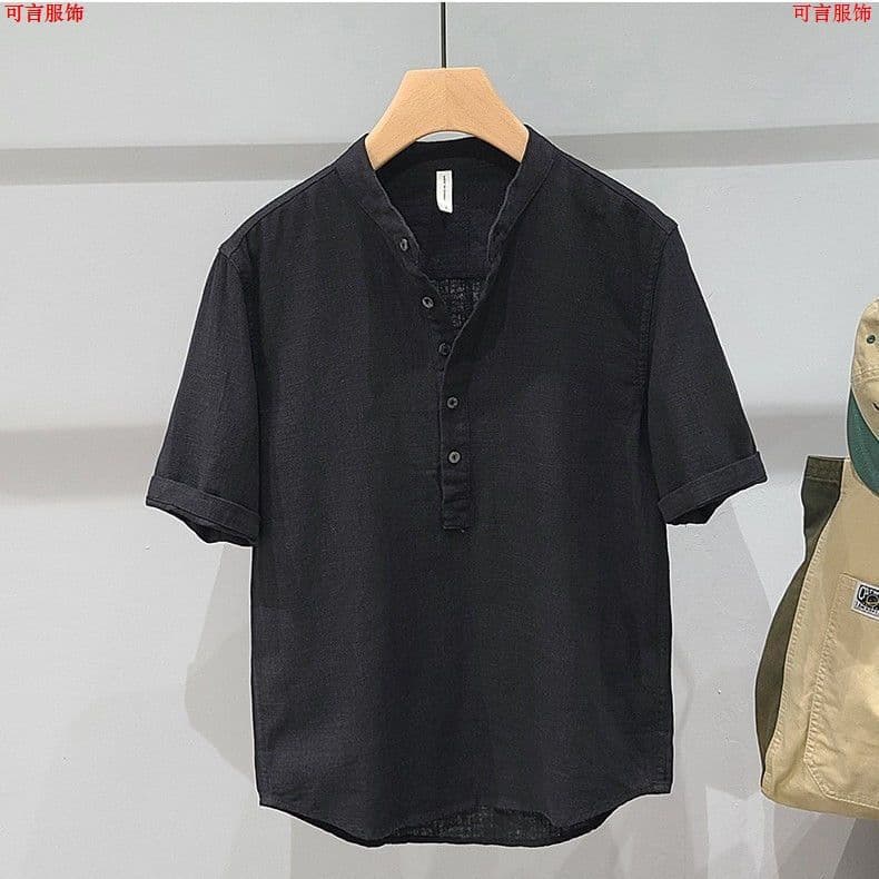 Solid Linen Stand Collar Short Sleeve Shirt for Men, Summer New Style Simple Cotton Linen Fashion Youth Casual Shirt