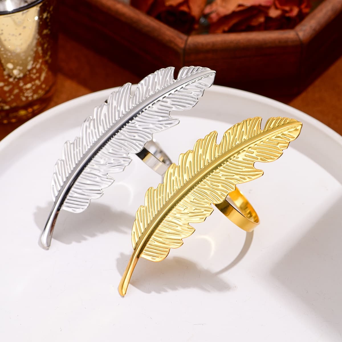 Cross-border napkin ring napkin buckle gold feather towel buckle dining table ring metal ring manufacturer wholesale creative home setting