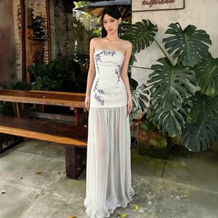 White Embroidered Dress, Sexy Mesh Patchwork Strapless Dress for Women, Summer Slim High-Waist Bodycon Long Dress