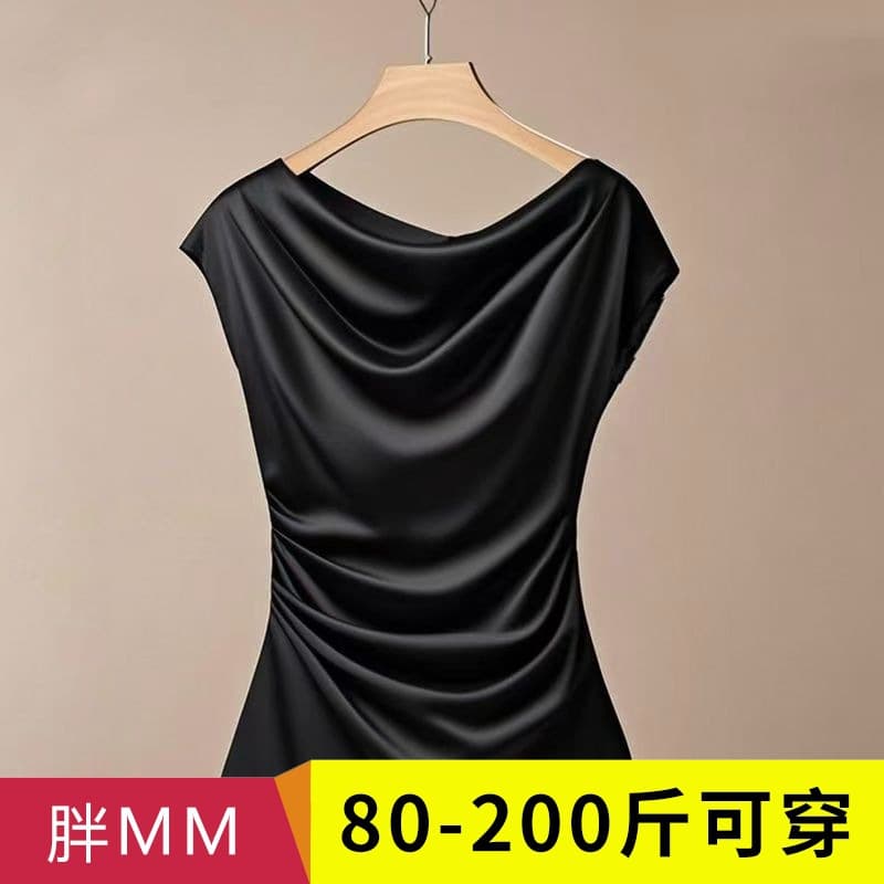 Plus Size One-Shoulder Satin Short-Sleeve T-Shirt for Women, Summer Waist-Slimming Elegant Top